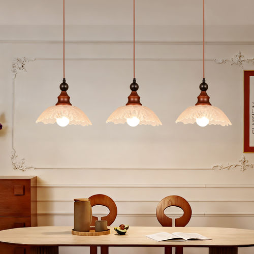 餐厅吊灯新款三头玻璃吊灯北欧复古实木中古风餐桌饭厅吧台灯P271