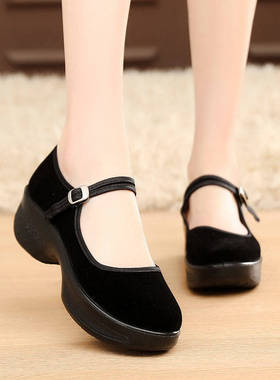 2021老北京布鞋低帮女鞋中跟软底广场舞鞋黑色一代厚底酒店工作鞋