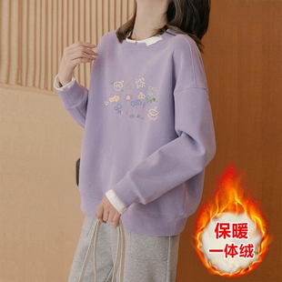 山东即墨重磅纯棉卫衣女秋冬时尚百搭长袖套头加绒加厚假两件上衣