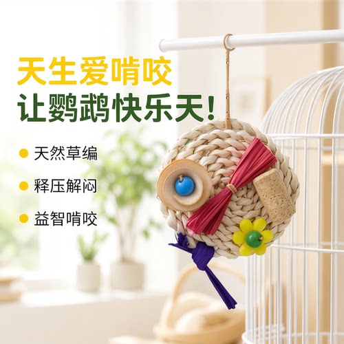 爆款鹦鹉玩具磨嘴啃咬草编小鸟玩具益智悬挂鸟玩具