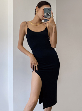 WS STUDIOS 欧美性感露背U领细肩带侧开叉修身吊带连衣裙包臀长裙
