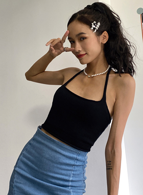 WS美式复古性感露背挂脖平口高腰针织吊带背心女卷边短款打底上衣