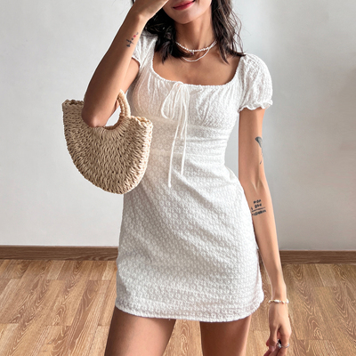 欧美复古纯色松紧收腰A字连衣裙