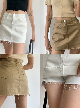 欧美高腰显瘦毛边做旧百搭防走光半身牛仔裙A字裙自带安全裤裙裤