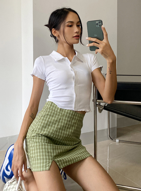 WS 欧美简约polo领修身显瘦高腰花边翻领针织短袖T恤女开衫上衣