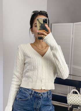 WS 欧美复古V领麻花系扣针织衫修身短款显瘦百搭基本长袖开衫上衣