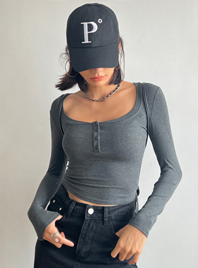 wsstudios欧美性感方领系扣基础长袖打底t恤高腰短款纯色简约上衣