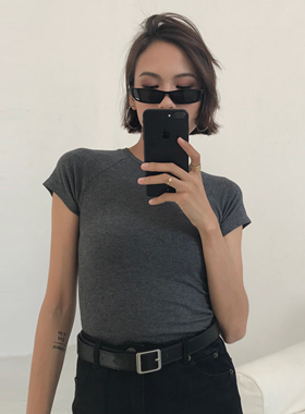 WS 美式复古百搭纯色小圆领修身高腰短款插肩螺纹棉短袖T恤tee