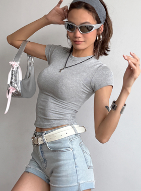 欧美风纯色小圆领正肩修身收腰短袖T恤女春夏款遮肉紧身打底上衣