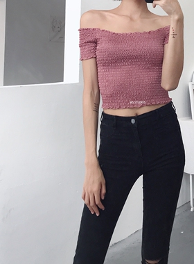 复古一字领露肩木耳边弹力褶皱光泽亮光色修身高腰显瘦短袖上衣T