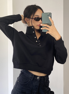 美式复古立领胸前系扣宽松落肩款显瘦收腰短款长袖套头卫衣女秋冬