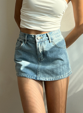 wsstudios欧美风复古做旧牛仔半身裙女a字高腰辣妹包臀防走光短裙