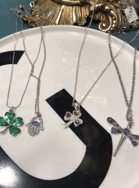 Vintage简约蜻蜓四叶草法蒂玛之手椰树鲍贝吊坠短款项链 保存品