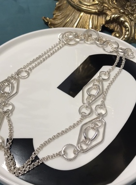 Vintage银色简约菱形长款项链毛衣链保存品