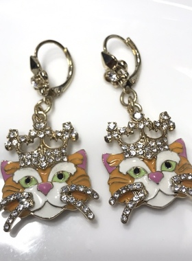 lunch at the ritz设计师黄色皇冠猫咪耳环合金电镀18k金材质珐琅