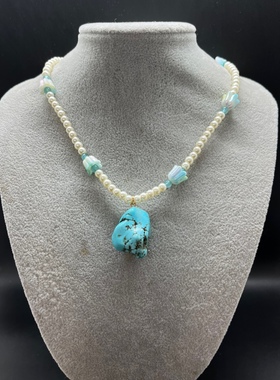 蓝松石吊坠铃兰花朵白色琉璃珍珠短款项链