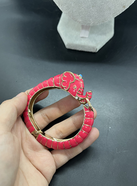 Vintage中古粉色小象动物手镯珐琅彩工艺松石