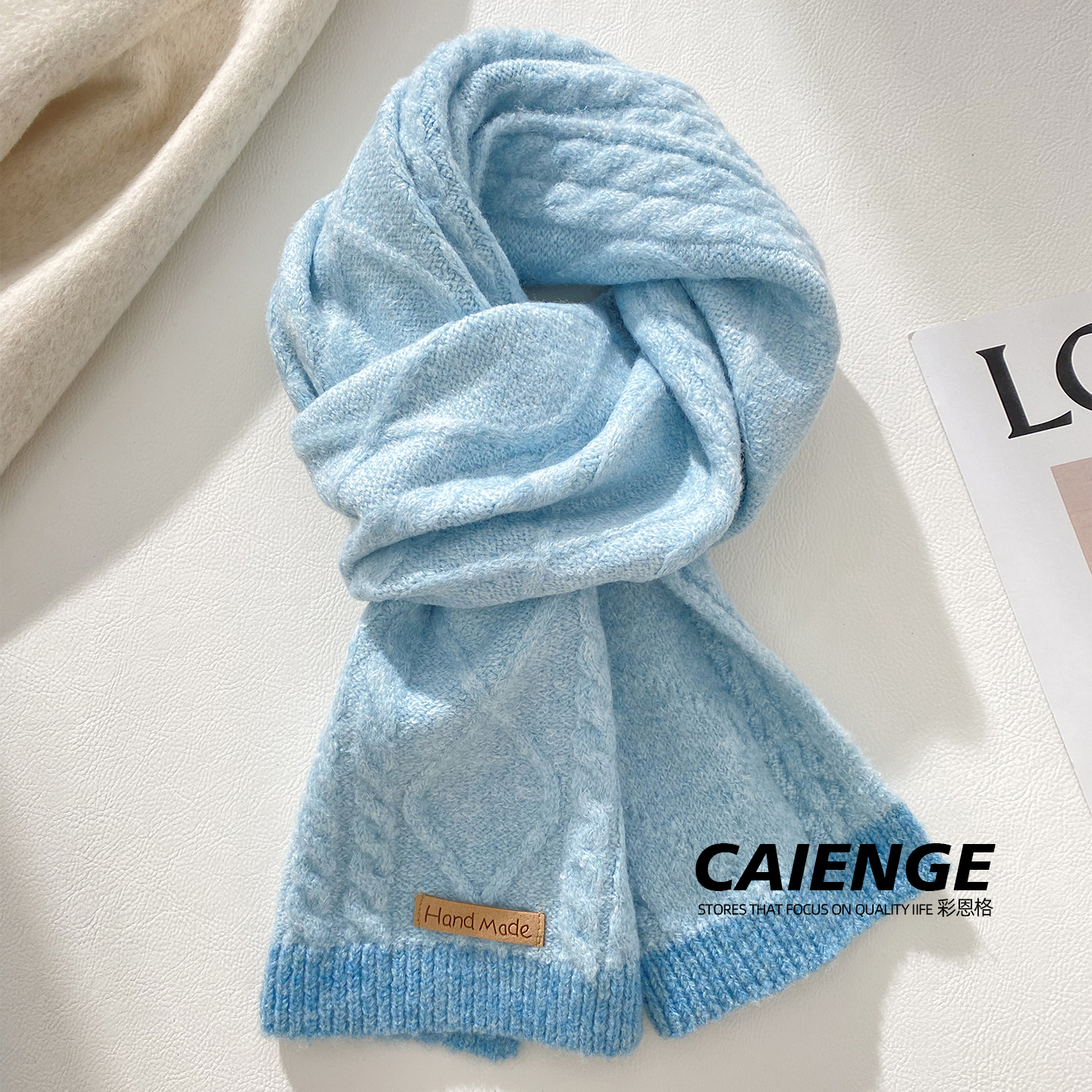 韩版ins拼色针织毛线围巾女秋冬韩版百搭保暖加厚学生麻花纹围脖