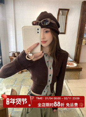 MLS 韩女feel 条纹拼接收腰开衫上衣女秋季新款2025圆领长袖T恤