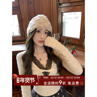 MLS 蕾丝梦境 2026春夏新款女撞色修身上衣扭结磨毛打底蕾丝衫