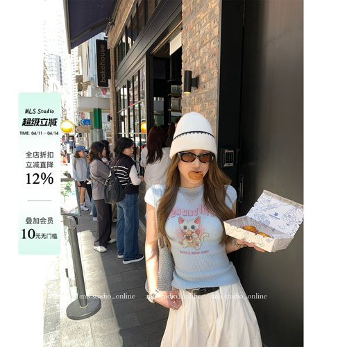 MLS 喵星人 肌理华夫格2026春夏新款上衣女正肩猫咪卡通印花短T恤