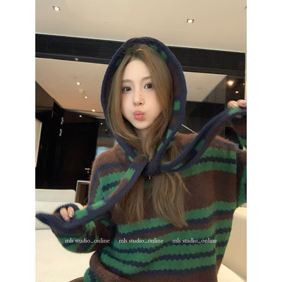 MLS松绿honey条纹毛衣女