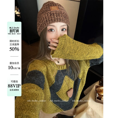 MLS复古美式撞色菱格毛衣女