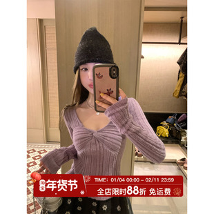 MLS 扭结信件 层次肌理感2026春夏新款上衣女V领立体扭结毛针织衫