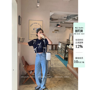 设计感小众宽松百搭高腰长裤 女夏季 韩系街头波点直筒牛仔裤 MLS