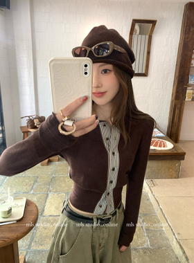 MLS 韩女feel 条纹拼接收腰开衫上衣女秋季新款2025圆领长袖T恤