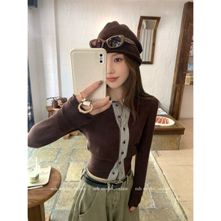 韩女feel 2025圆领长袖 条纹拼接收腰开衫 新款 T恤 上衣女秋季 MLS