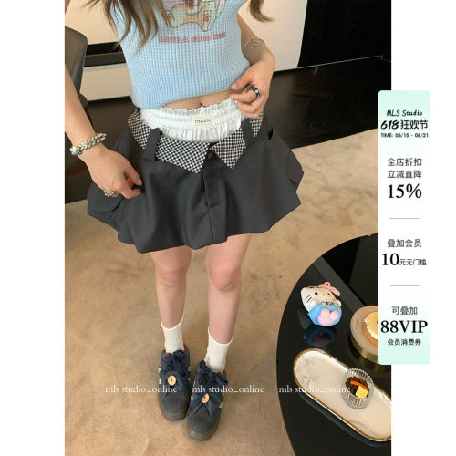 MLS 茶歇花苞裙 学院miu系2026春夏新款女蓬松感立体格纹拼接短裙