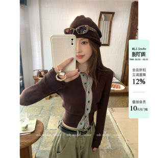 韩女feel 2026圆领长袖 条纹拼接收腰开衫 新款 T恤 上衣女春季 MLS