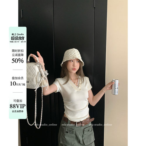 MLS 夏沫情书 法式氧气感蕾丝V领短袖T恤女夏季甜美小众修身上衣