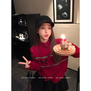 MLS 星糖蝴蝶 氛围感韩系冬季女上衣蝴蝶结提花钉珠松弛针织开衫