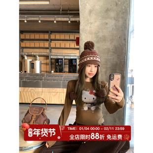 MLS cute配方 手绘童趣风2025冬季新款上衣女凯蒂猫磨毛印花T恤