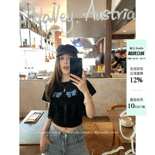 MLS 甜系少女 韩系蝴蝶结印花短袖T恤女夏季层次感蕾丝吊带罩衫