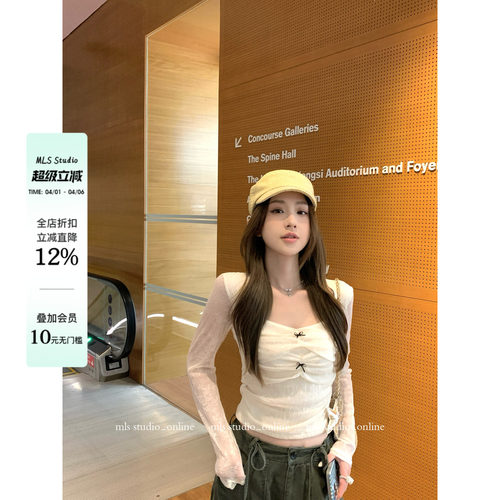 MLS 雾纱蝶诗 法式温柔风2026春夏新款上衣女蝴蝶结蕾丝拼接纱T恤