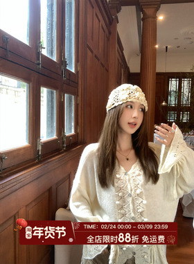 MLS 秋日么么茶 温柔风重工提花针织衫女秋新款2025V领镂空上衣