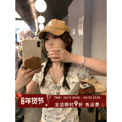 MLS 甜酷少女 kitty印花口袋短袖T恤女夏季V领两穿修身短款上衣