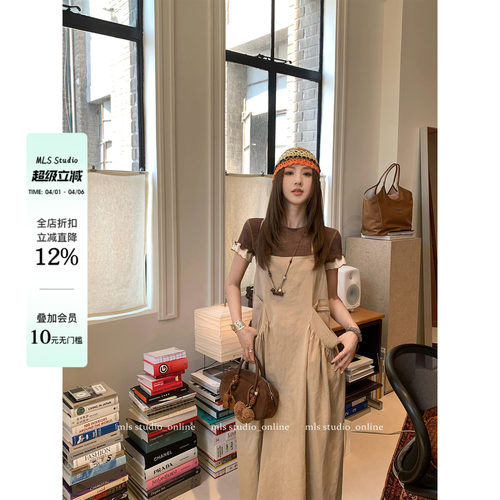 MLS 伦敦艺术生 小众气质工装背带裙女春夏季大口袋宽松休闲长裙