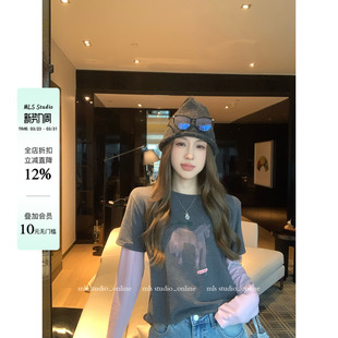 上衣女印花撞色宽松T恤假两件 休闲减龄2026春夏新款 MLS 小马时代