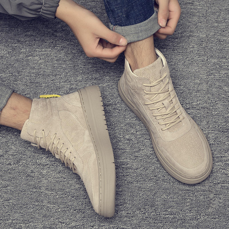 秋冬新款潮鞋高帮加绒真皮纯色马丁靴百搭男士运动鞋休闲鞋板鞋