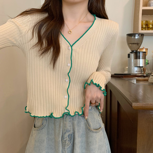 V领针织开衫外套女春秋小香风内搭打底衫小个子修身高腰短款上衣