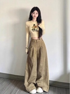 法式圆领女式长袖t恤2025新款初秋内针织底衫,露脐高腰短上衣