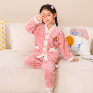 儿童睡衣法兰绒秋冬季2023新款开衫女孩宝宝卡通女童珊瑚绒家居服