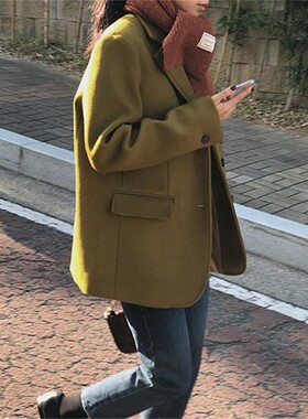 时髦氛围感~2023新款 韩版休闲宽松绿色羊毛呢小西装外套女英伦风
