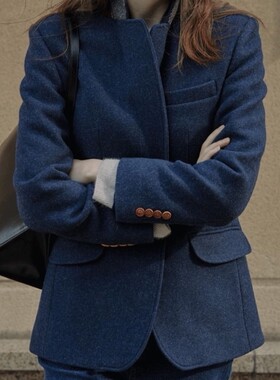 ◆BAS博主款 50%羊毛  韩版休闲显瘦气质藏青色呢子西装外套女冬