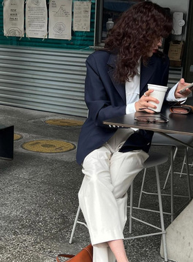 vintage南英~2024新款 休闲宽松英伦风设计感藏青色西装外套女春