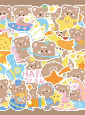 40张原创手绘卡通宇航小熊贴纸笔记本电脑手账本手机壳ipad贴画